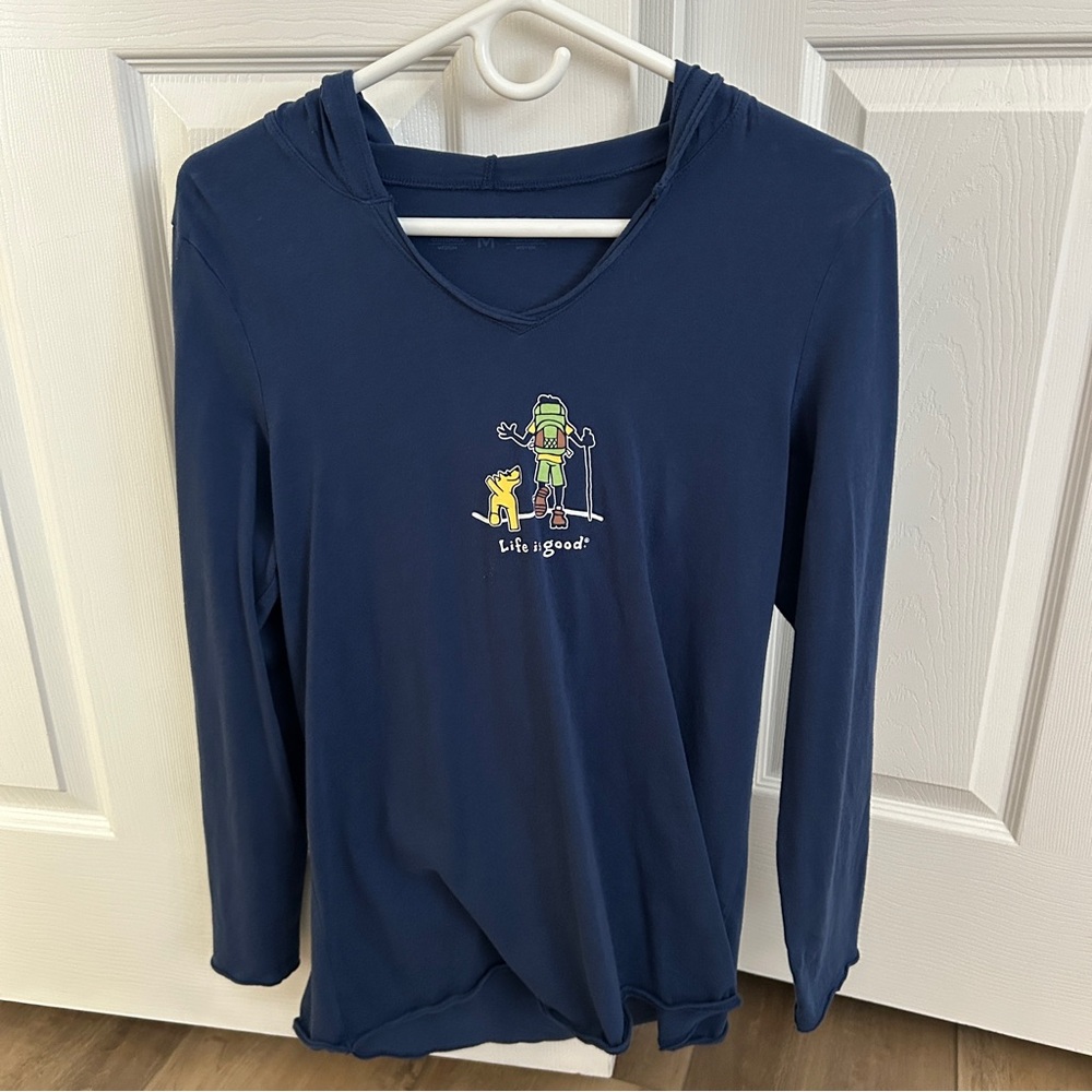 Life Is Good Light Blue Hoodie with Hiking Graphic